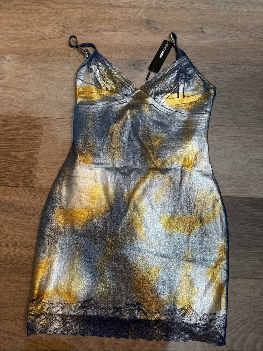 Metallic Silver Blue and  Gold Slip Dress with Lace Trim